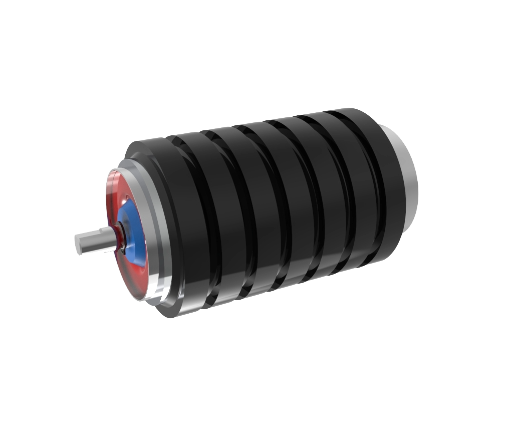 Atlas Impact Series conveyor idler — rubber disc rings full view